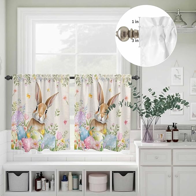 Kitchen Curtains Tiers and Valance Set of 3, Easter Light Filtering Window Curtain Set, Vintage Spring Bunny Eggs Farmhouse Floral Leaves Rod Pocket Curtain Drapes for Living Room, 36 Inches Tiers