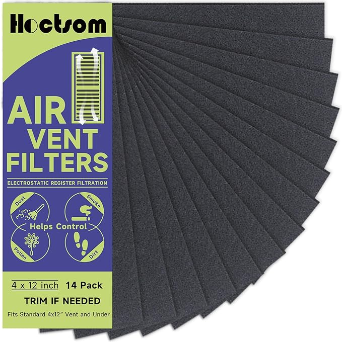 Air Vent Filter 4 x 12 Inch Activated Charcoal, Air Vent Floor Heater Carbon Pre-Filter Sheet 4x12 Inch Work for Home Air Purifier, Register, Ceiling 4" x 12" 14-Pack (Black) Hoctsom