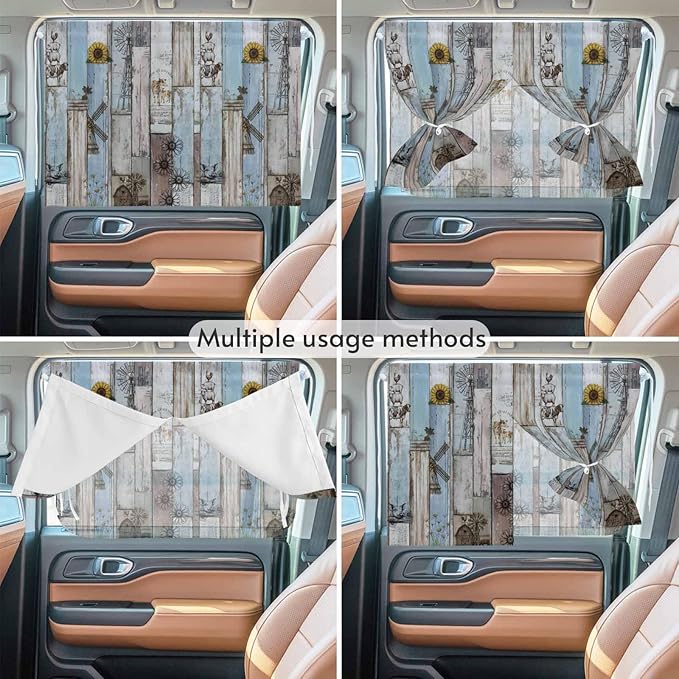 Blue Grey Wooden Magnetic Double Layer Car Window Shades,Side Window Curtains for Blackout/Breathable Mesh View,Farmhouse Barn Sunflowers Retro Privacy Sun Shades for Heat/UV Protection 26x20in 1pcs
