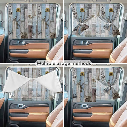 Blue Grey Wooden Magnetic Double Layer Car Window Shades,Side Window Curtains for Blackout/Breathable Mesh View,Farmhouse Barn Sunflowers Retro Privacy Sun Shades for Heat/UV Protection 26x20in 2pcs