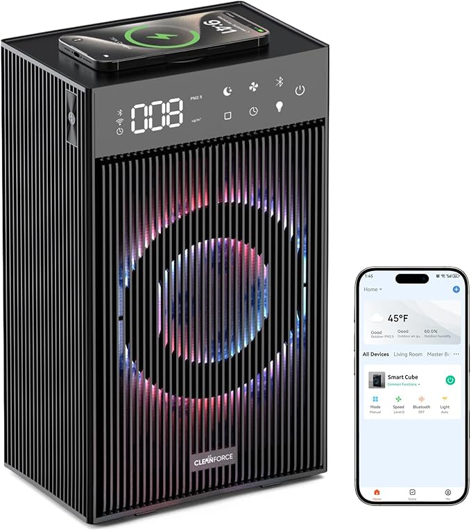 CleanForce Rainbow Cube | World’s First 4-in-1 Space-saving Air Purifier with Bluetooth Speaker, Wireless Charger & Aroma Diffuser | Swiss Tech，over 900ft² Coverage | Ultra-Quiet