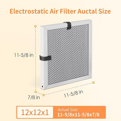 2-Pack 12x12x1 MERV 8 Reusable & Washable Electrostatic Air Filters - Long-Lasting Filter for HVAC, Furnace & Air Conditioner Units, Actual Size: 11-5/8” x 11-5/8” x 7/8”
