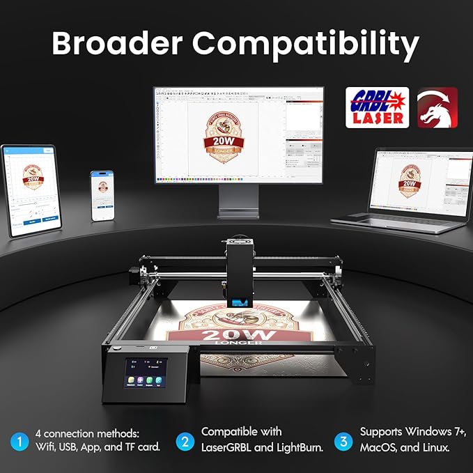 LONGER RAY5 20W Higher Accuracy Laser Engraver and Cutter, 130W Laser Engraving Cutting Machine can Cut 0.05mm Metal and Engrave Hundreds of Colors On Metal Steel 3.5"Touch Screen for DIY