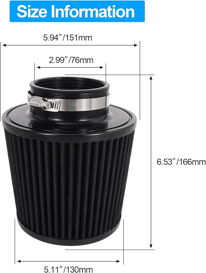 Cold Air Intake Filter High Performance Washable Filter Clamp-On Replacement Air Filter Flange Diameter 3inch/76mm Black