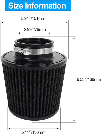 Cold Air Intake Filter High Performance Washable Filter Clamp-On Replacement Air Filter Flange Diameter 3inch/76mm Black