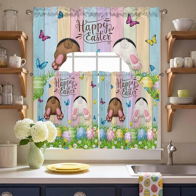 Swag Valance Curtains, Happy Easter Rabbit Butt Egg on Daisy Leaf Rod Pocket Valances Swag Topper for Kitchen Windows, Bufferfly on Wood Barn Light Filtering Short Curtain for Bedroom Bathroom 56x36In