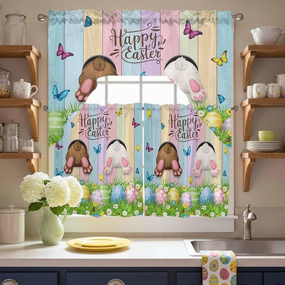 Swag Valance Curtains, Happy Easter Rabbit Butt Egg on Daisy Leaf Rod Pocket Valances Swag Topper for Kitchen Windows, Bufferfly on Wood Barn Light Filtering Short Curtain for Bedroom Bathroom 56x36In