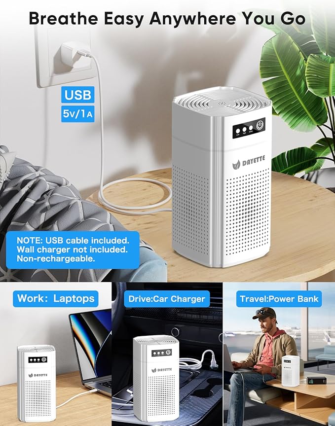 Air Purifiers for Bedroom, DAYETTE H13 True HEPA Air Filter Purifier for Small Room Up to 480 Ft²/30min, Qiuet Sleep Mode with Aroma Pad, Small Portable Air Purifier with USB Cable