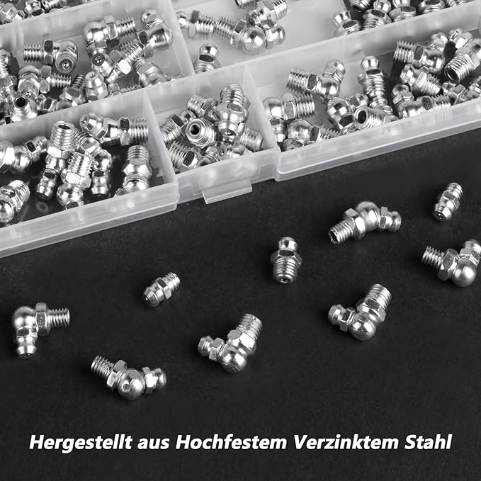115 Pcs Metric Grease Fittings Kit - Hydraulic Zerk Assortment With 45, 90, 180 Degree Gun Fittings - M6, M8, M10 Straight and Angled Zerks for Mechanical Lubrication