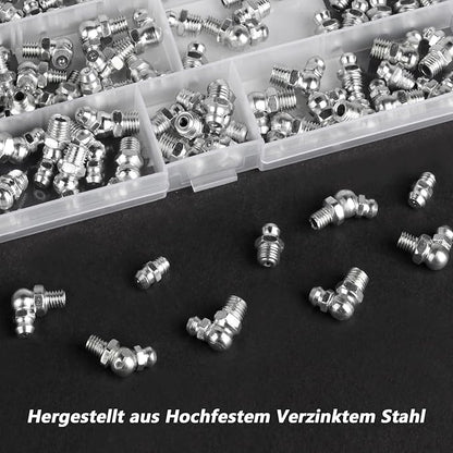 115 Pcs Metric Grease Fittings Kit - Hydraulic Zerk Assortment With 45, 90, 180 Degree Gun Fittings - M6, M8, M10 Straight and Angled Zerks for Mechanical Lubrication