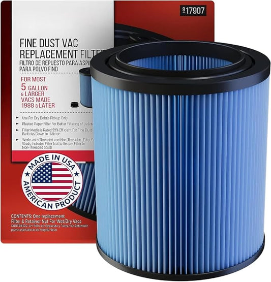 17907 Fine-Dust Cartridge Vacuum Filter – Compatible with Craftsman 9-17907 Shop Vac 5–20 Gallon, 3-Layer Pleated Replacement for Wet/Dry Vacuums