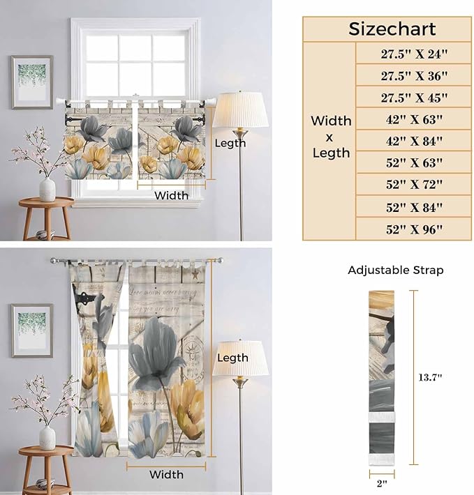 Spring Tulips Flower Kitchen Curtains 24 Inch Length, Small Window Curtains Tab Top, Vintage Floral Barn Doors Rustic Beige Light Filtering Short Window Treatments Tier Drapes 27.5"x24" 2 Panel