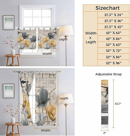 Spring Tulips Flower Kitchen Curtains 45 Inch Length, Short Cafe Window Curtains Tab Top, Vintage Floral Barn Doors Rustic Beige Light Filtering Window Treatments Tier Drapes 27.5"x45" 2 Panel