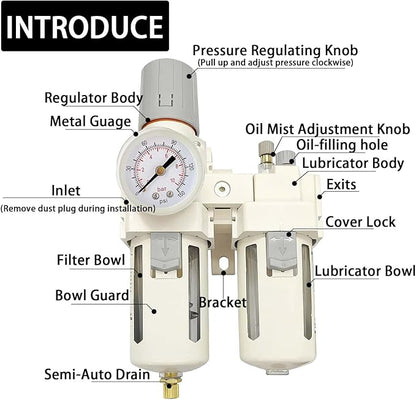 YSIL 3/8" NPT Compressed Air Filter Regulator Lubricator Two Units Combo Air Pressure Regulator with Gauge(0-150PSI) Water/Oil Trap Separator,Semi-Auto Drain,Poly Bowl with Metal Guard,Bracket