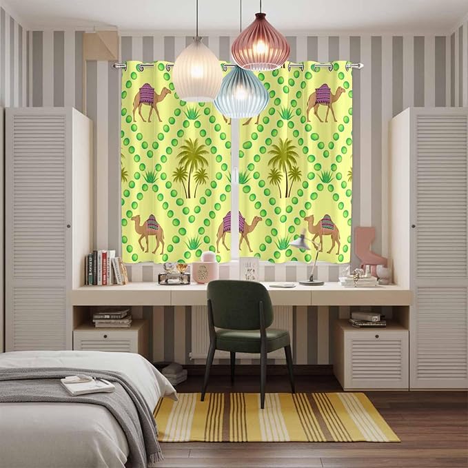 2 Panel Kitchen Cafe Curtains, Desert Sand Camels Sunlight Filtering Nature Air Through, Window Decor Tier Curtains for Living Room 104W x 84L inch Palm Trees Tropical Plants Polka Dot Yellow
