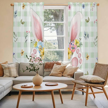 Easter Window Curtains 72 Inch Long 2 Panel Set, Rod Pocket Long Curtains & Drapes, Spring Bunny Ears Feet Flowers Green Plaid Light Filtering Window Treatment for Bedroom Living Room 52"W x 72"L
