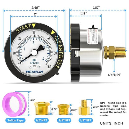 MEANLIN MEASURE 0~60Psi Stainless Steel Start and Clean Filter Pressure Gauge 1/4" NPT Waterproof for Pool Filter Pump Swimming Pool, Spa Center Back Mount with Rotatable Plastic Frame and Hex Bushing