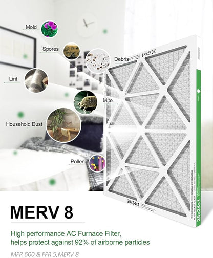 20x24x1 Air Filter 6 Pack, Durable MERV 8 Pleated Home HVAC AC Furnace Filters, Lightweight Compact Air Conditioner Filter Replacement