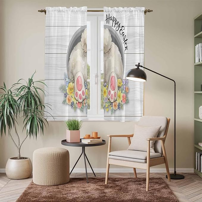 Easter Bunny Window Curtains 63 Inch Long 2 Panel Set,Rod Pocket Bedroom Curtains & Drapes,3D Optical Illusion Farmhouse Flower Wood Grain Light Filtering Window Treatment for Living Room 42"W x 63"L
