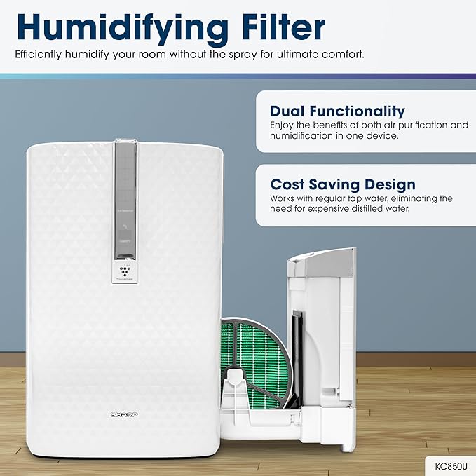SHARP Air Purifier with Humidifier Combo – Covers up to 1,230 sqft in one hour, True HEPA Filter Air Purifier for Medium Rooms, Home Nursery, Dust, Smoke, Pollen - KC850U