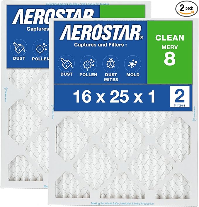 Aerostar 16x25x1 MERV 8 Air Filter, Pleated AC Furnace HVAC Filters (15.75x24.75x0.75), Electrostatically Charged for Allergies Dust Pet Dander Pollen Mold Lint, MPR 600 FPR 5, USA, 2 Pack