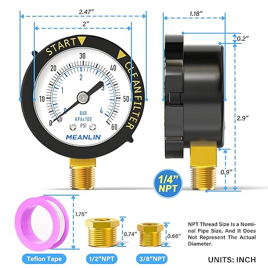 MEANLIN MEASURE 0~60Psi 1/4" NPT Start and Clean Filter Pressure Gauge, Suitable for Swimming Pool, Spa, Aquarium, Lower Mount(Pack of 2), with 1/2" NPT and 3/8" NPT Hex Bushing