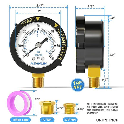 MEANLIN MEASURE 0~60Psi 1/4" NPT Start and Clean Filter Pressure Gauge, Suitable for Swimming Pool, Spa, Aquarium, Lower Mount(Pack of 2), with 1/2" NPT and 3/8" NPT Hex Bushing