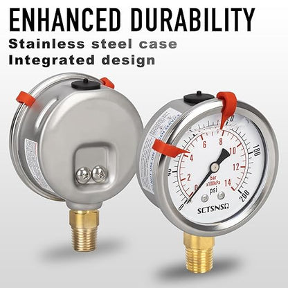 0 to 200 Psi Pressure Gauge, Glycerin Liquid Filled, 2.5 inch Dial, 1/4" NPT Lower Mount, Stainless Steel Case, for Air Compressor, Shock, Water System, Well Pump, Tank, Pipe, Pressure Test