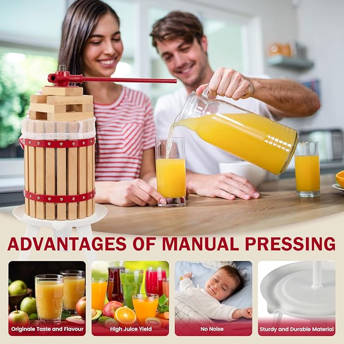 CAELUM Fruit Wine Press,3.2 Gallon Wood Fruit and Cider Press Squeezer With T-Handle, Juice Maker, Wine Making Press Squeezer for Outdoor, Kitchen（Red）