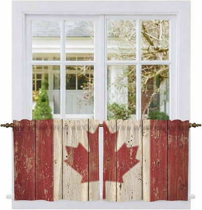 Canada Tier Curtains, Red Maple Leaf Flag Vintage Farmhouse Wooden Grain Light Filtering Kitchen Curtains, 2Pcs Rod Pocket Half Window Treatments Panels for Sink Cafe Cabinet Camper 27.5x24 Inches