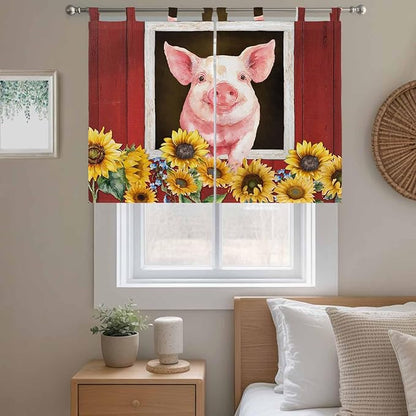 Pigs Sunflowers Kitchen Curtains 45 Inch Length, Short Cafe Window Curtains Tab Top, Farmhouse Red Barn Flowers Animals Light Filtering Window Treatments Tier Drapes 27.5"x45" 2 Panel