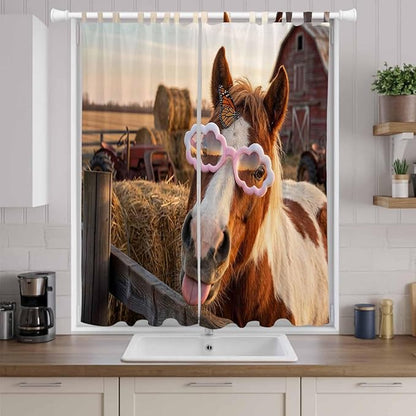 Farm Horses Living Room Curtains 96 Inch Length, Window Curtains Tab Top, Farmhouse Barn Funny Animals Butterfly Light Filtering Window Treatments Drapes 52"x96" 2 Panel