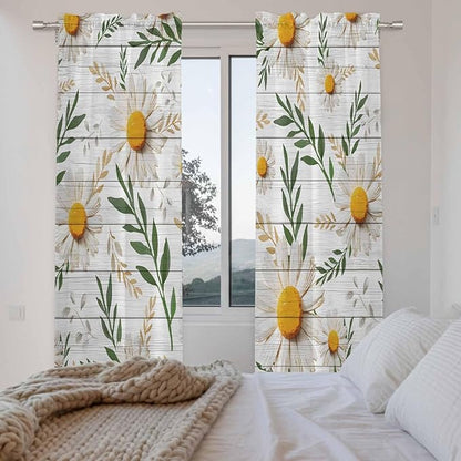 Spring Daisy Kitchen Curtains, Farmhouse Country Flower Leaf Plant Wood Grain Light Filtering Window Curtain Panels, 2Pcs Rod Pocket Window Treatments Set for Living Room Bathroom Bedroom 52x72 Inches