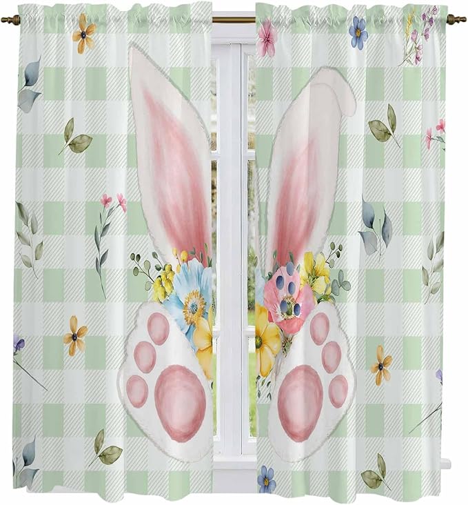 Easter Window Curtains 63 Inch Long 2 Panel Set, Rod Pocket Bedroom Curtains & Drapes, Spring Bunny Ears Feet Flowers Green Plaid Light Filtering Window Treatment for Living Room 42"W x 63"L