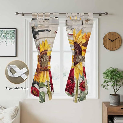 Red Yellow Sunflowers Bathroom Curtains 63 Inch Length, Window Curtains Tab Top, Retro Rustic Barn Doors Butterfly Brown Light Filtering Window Treatments Drapes 52"x63" 2 Panel