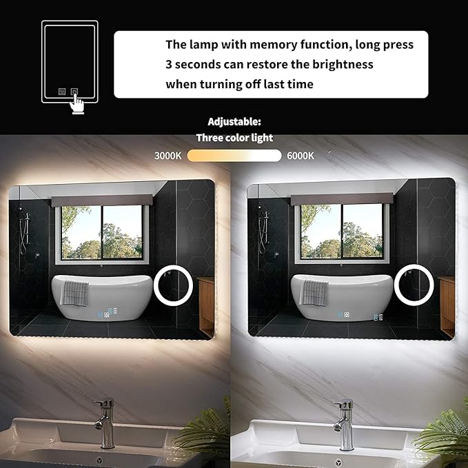 Illuminated LED Bathroom Mirror, Wall Mounted Backlit Makeup Vanity Mirror with Demister Pad and Touch Sensor 3X Magnifying Compatible with Makeup Hairdressing Shaving Bathroom Mirror,Mirrors