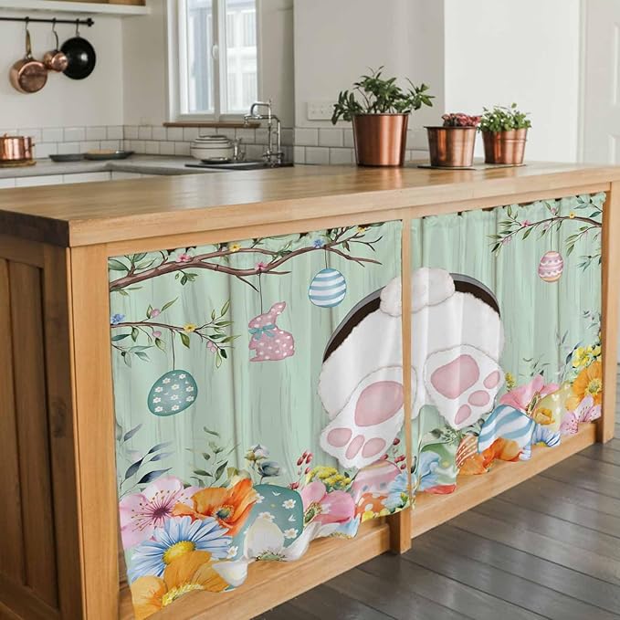 Easter Kitchen Tier Curtains 36 Inch Long 2 Panel Set,Rod Pocket Half Window Curtains Over Sink,Spring Watercolor Bunny Eggs Wooden Grain Green Light Filtering Short Drapes Cafe 27.5"W x 36"L
