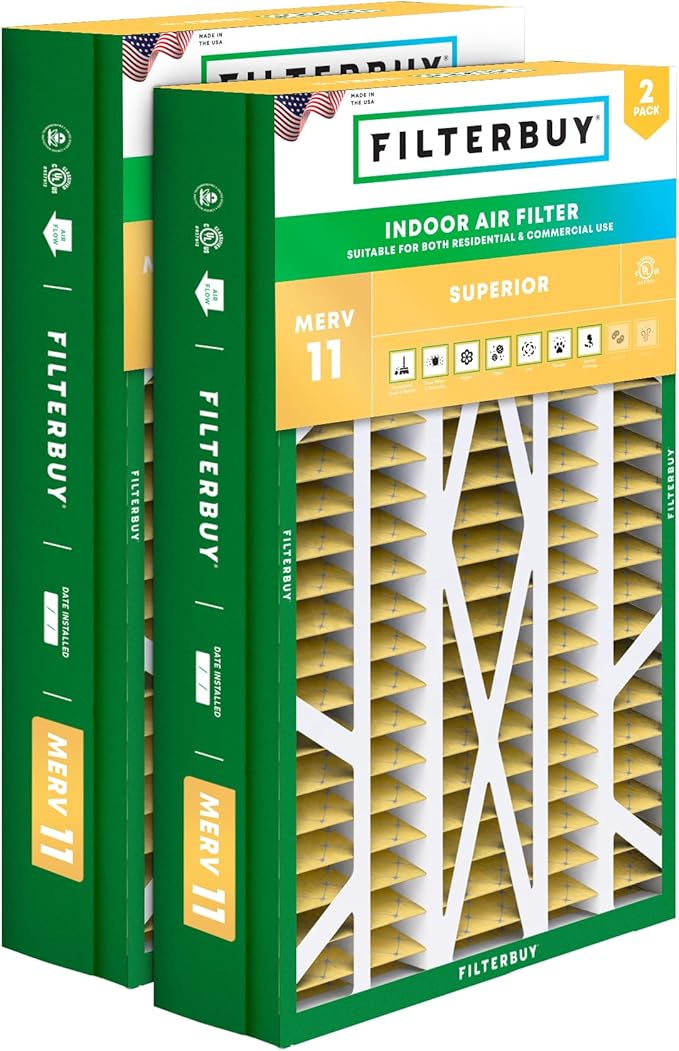 Filterbuy 14.5x27x5 Air Filter MERV 11 Superior Pet & Allergy Defense (2-Pack), Pleated HVAC AC Furnace Filters for Trane, American Standard, Honeywell, and More (Actual Size: 14.06 x 26.13 x 4.97)