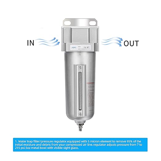 NANPU Industrial Grade Heavy Duty Particulate Filter, Metal Bowl, Suitable for Paint Spray (3/4" NPT, Manual Drain)