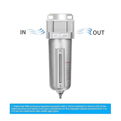 NANPU Industrial Grade Heavy Duty Particulate Filter, Metal Bowl, Suitable for Paint Spray (1/2" NPT, Manual Drain)