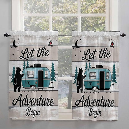 Farmhouse Bear Camper Van Tree Window Valance Curtains, Vintage Wood Grain Light Filtering Kitchen Valance with 3-inch Rod Pocket for Living Room Bathroom Bedroom,2 Panel,42x45In