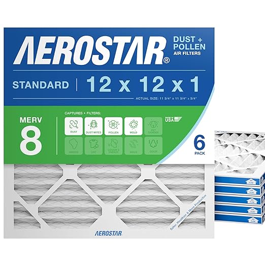 Aerostar 12x12x1 MERV 8 Air Filter, 6 Count, ACTUAL SIZE (11.75 x 11.75 x 0.75), HVAC, Air Conditioning & Furnace Filter Captures Dust, Lint & Pollen (MPR 600 / FPR 5), Made in USA