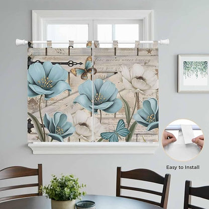Teal Blue Tulips Bedroom Curtains 63 Inch Length, Window Curtains Tab Top, Spring Floral Barn Doors Vintage Wood Beige Light Filtering Window Treatments Drapes 42"x63" 2 Panel