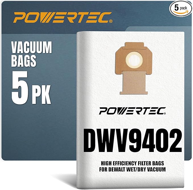 POWERTEC DWV9402 Fleece Bags for Dewalt 5PK, for Dewalt DWV010, DWV012, DWV015 8 & 10 Gallon Dust Extractor, Replacement Shop Vacuum Bags (75029)