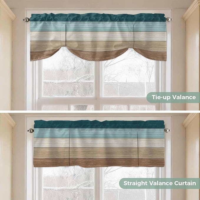 Teal Brown Tie Up Valance Curtains for Windows, Kitchen Curtains Window Shades, Farmhouse Vintage Abstract Wooden Grain Light Filtering Roman Curtain Valances for Bedroom/Bathroom/Cafe 54"x18"