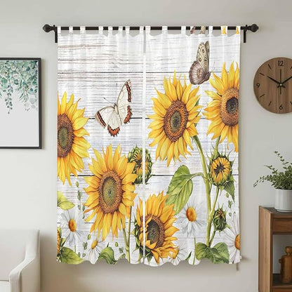 Yellow Sunflowers Living Room Curtains 84 Inch Length, Window Curtains Tab Top, Vintage Country Flowers Butterfly Wood Board Light Filtering Window Treatments Drapes 52"x84" 2 Panel
