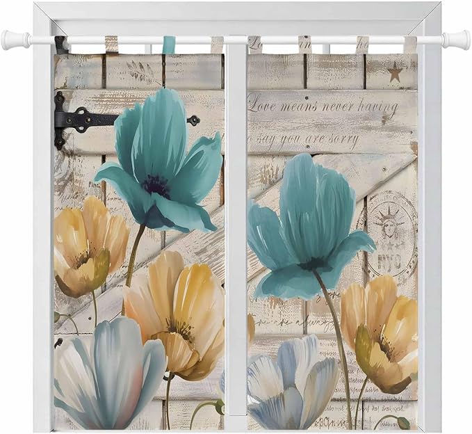 Watercolor Flowers Living Room Curtains 84 Inch Length, Window Curtains Tab Top, Vintage Tulips Floral Barn Doors Wood Grain Light Filtering Window Treatments Drapes 42"x84" 2 Panel