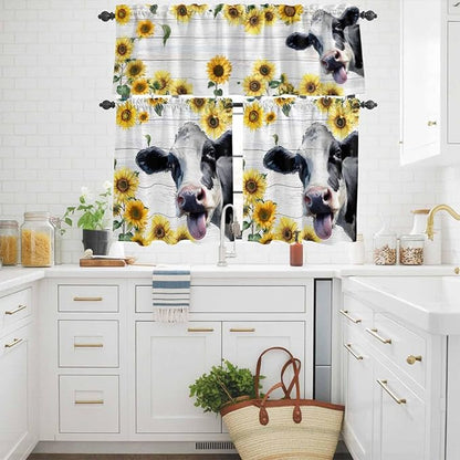 Kitchen Curtains Tiers and Valance Set of 3, Cow Sunflowers Light Filtering Window Curtain Set, Farmhouse Animals Plants Wooden Grain Rod Pocket Curtain Drapes for Cafe, Living Room, 24 Inches Tiers