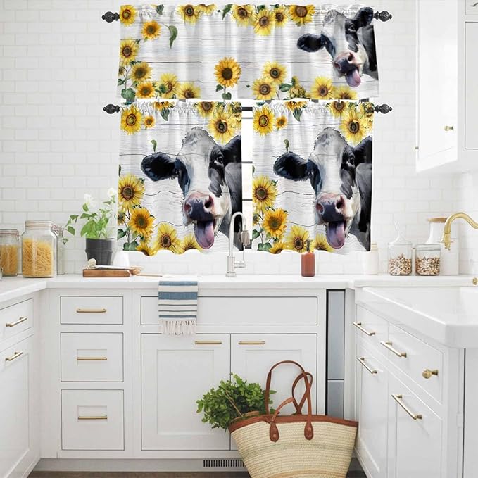 Kitchen Curtains Tiers and Valance Set of 3, Cow Sunflowers Light Filtering Window Curtain Set, Farmhouse Animals Plants Wooden Grain Rod Pocket Curtain Drapes for Cafe, Living Room, 36 Inches Tiers
