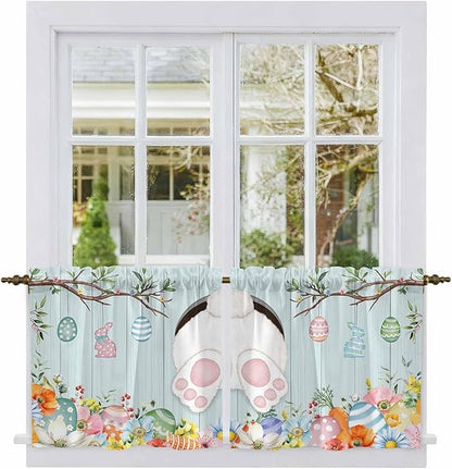 Easter Bunny Kitchen Tier Curtains 36 Inch Long 2 Panel Set,Rod Pocket Half Window Curtains Over Sink,Easter Eggs Spring Farmhouse Wood Grain Teal Blue Light Filtering Short Drapes Cafe 27.5"W x 36"L
